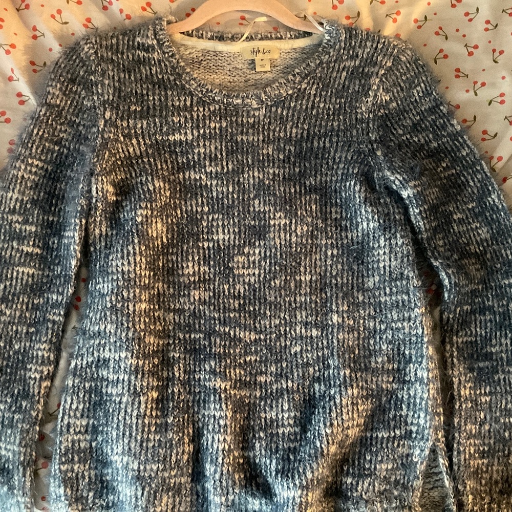 Blue and white knit sweater